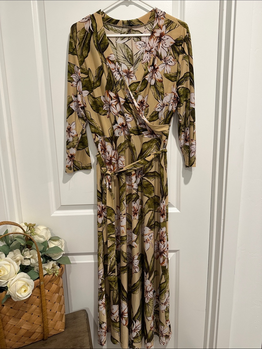 Floral Wrap Maxi Dress in Beige and Green